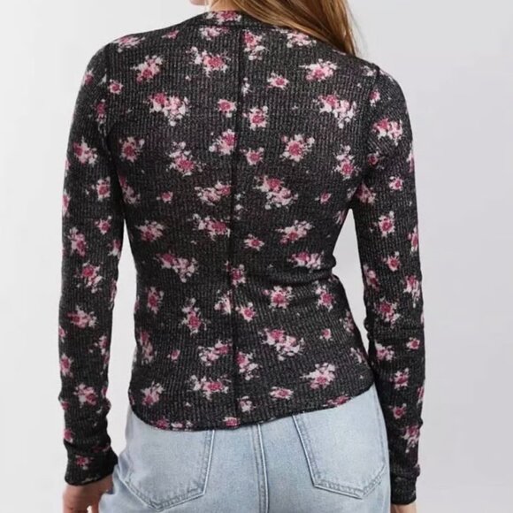 Free People Printed Henley in Black Combo - Picture 2 of 7